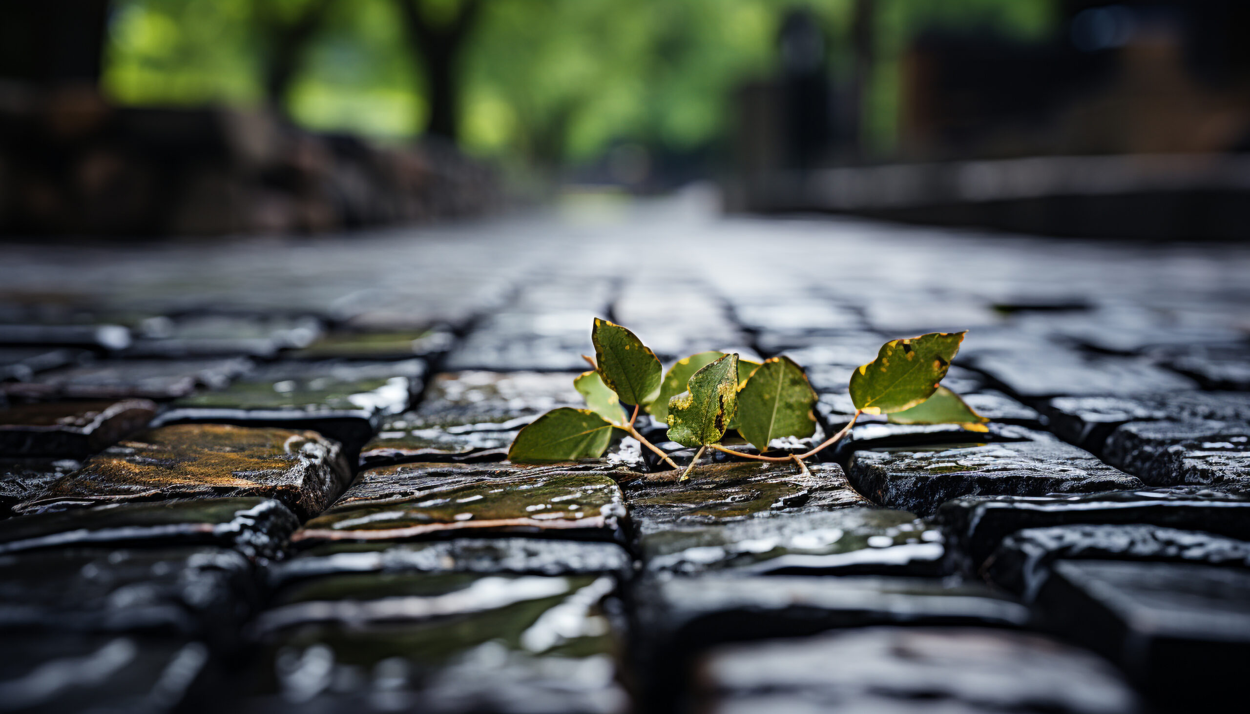 Problems with Pavers Over Concrete: Pavers in rain with resting leaves on top