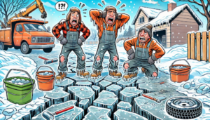 Can Mudjacking Be Done in the Winter - A Cartoon of Three Construction workers Freezing on Someone's Driveway in Winter