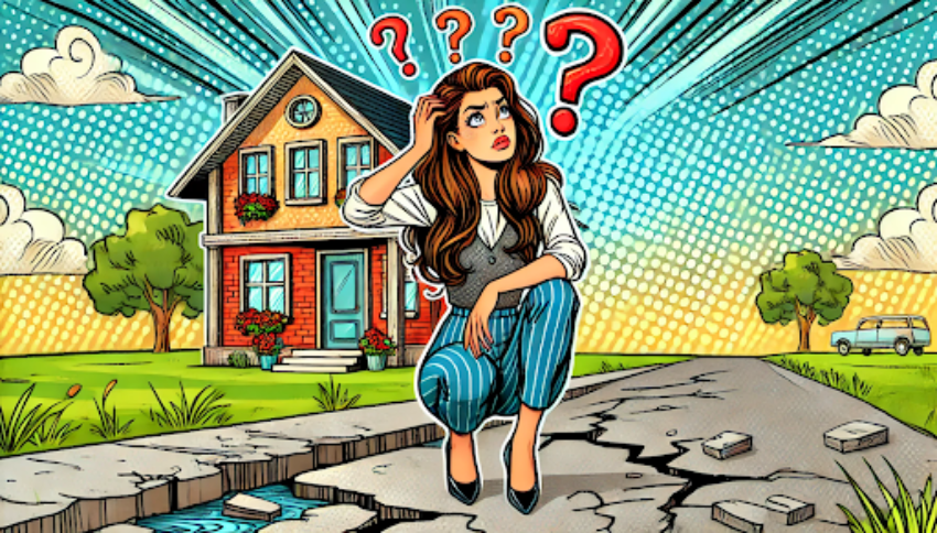 How Does Mudjacking Work - A Comic Cartoon of a Woman Kneeling on Her Cracked Driveway Scratching Her Head