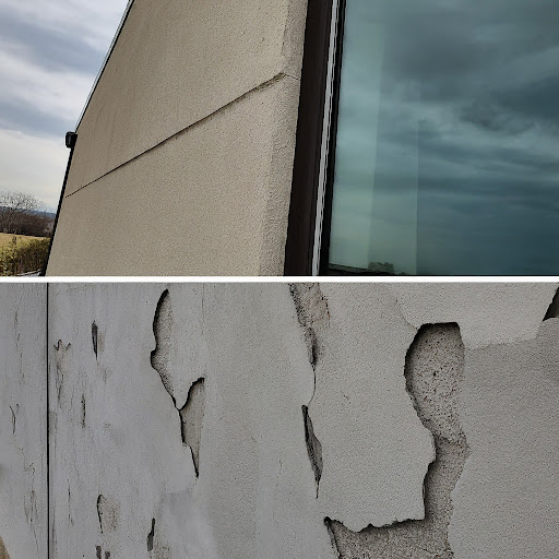 A before and after picture of spalled concrete in a building in Queens