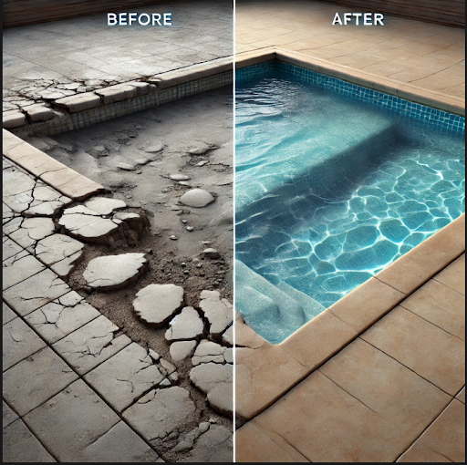 A before/after picture of spalling concrete in pool in Long Island