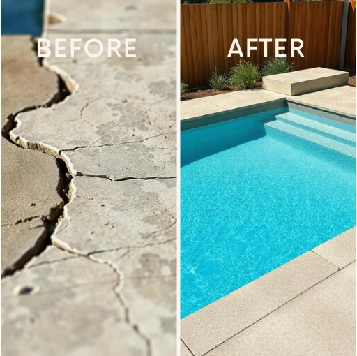 A before/after picture of spalling concrete in pool in Long Island