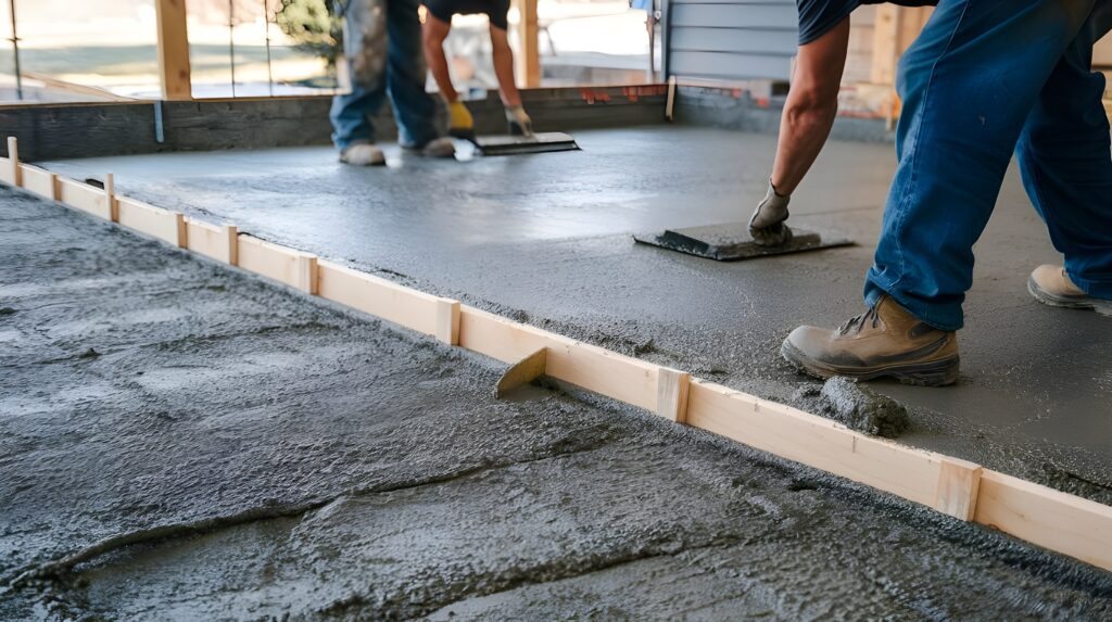 A house leveling process is underway, and the construction workers are leveling the concrete with a trowel.