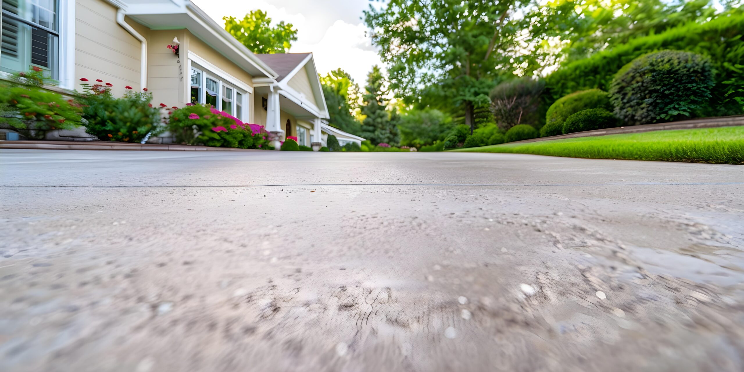 A smooth concrete driveway in a suburban area in Long Island with houses on the side.