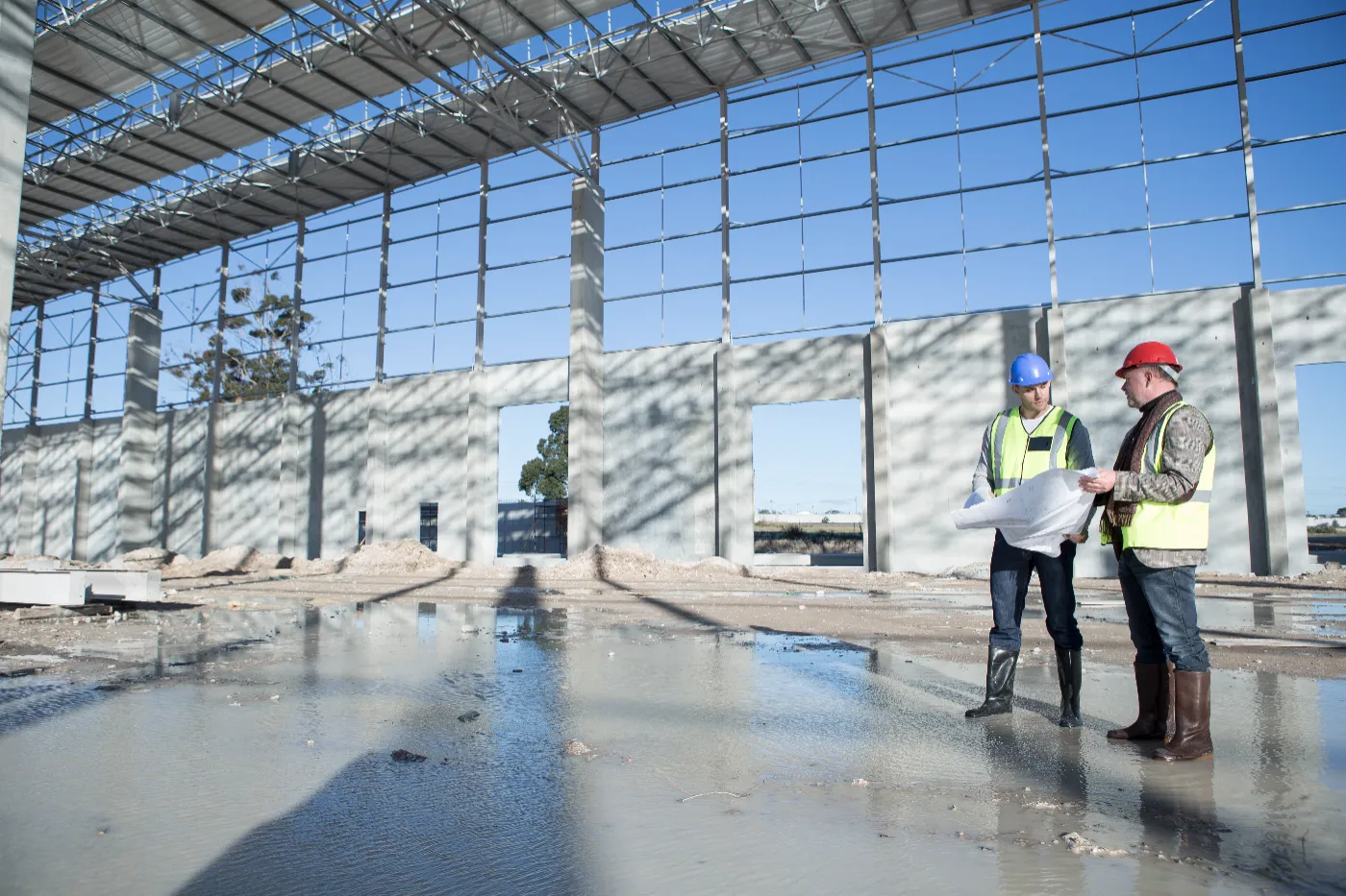 Property Owners Guide to Commercial Concrete Floor Repair - Contractors Standing on a Damaged Concrete Floor Looking at Blueprints