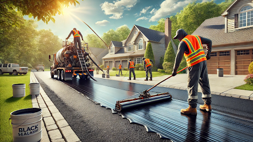 A team of contractors seal coating a driveway in a New York neighborhood.