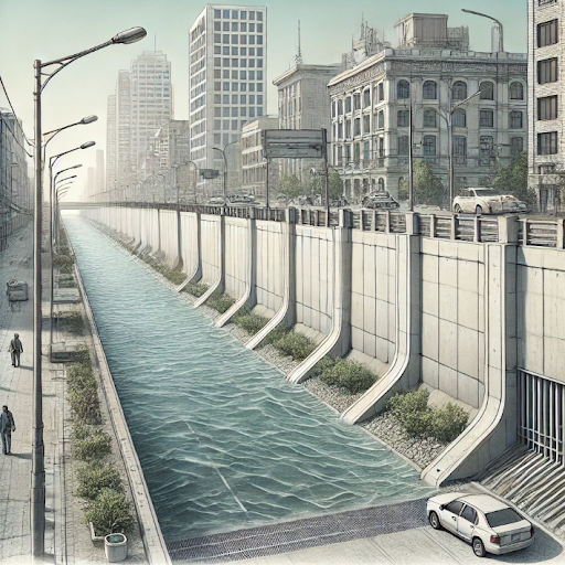 Here’s an illustration of a flood wall in an urban landscape, showing how it integrates into the city environment. The flood wall serves as a barrier along the city street, providing protection while blending with typical urban elements like sidewalks, streetlights, and nearby buildings.