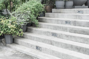 side-angled shot of concrete stairway with plants on the side