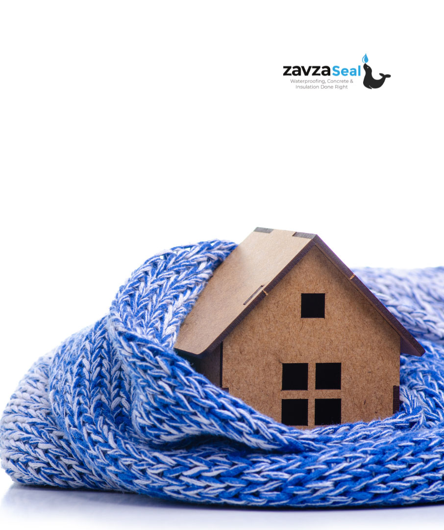 Small cardboard house wrapped in blue wollen scarf against a white background