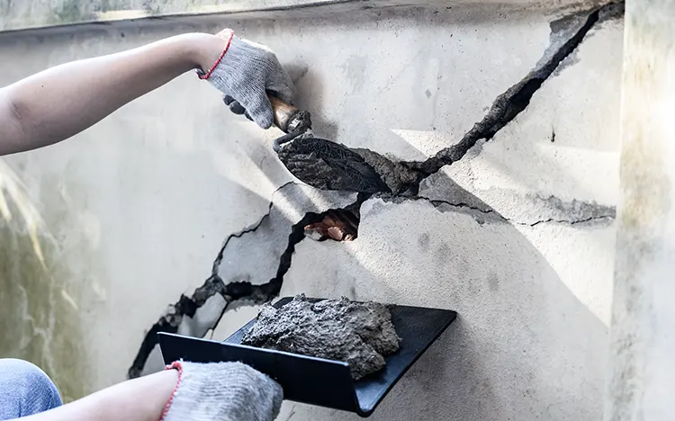 Contractor sealing cracks in the concrete wall
