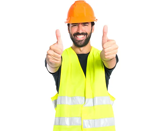 A contractor in a reflective vest giving a thumbs up