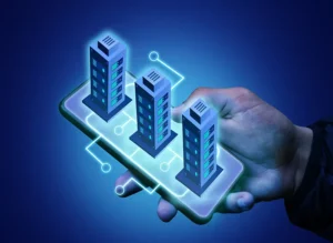 A man holding his smartphone with a hologram of buildings
