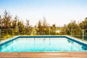 Pool deck that has been repaired by polyjacking