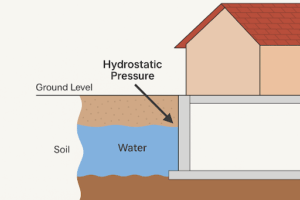 Hydrostatic pressure being exerted by water on the side of a property as shown in the dragiam.