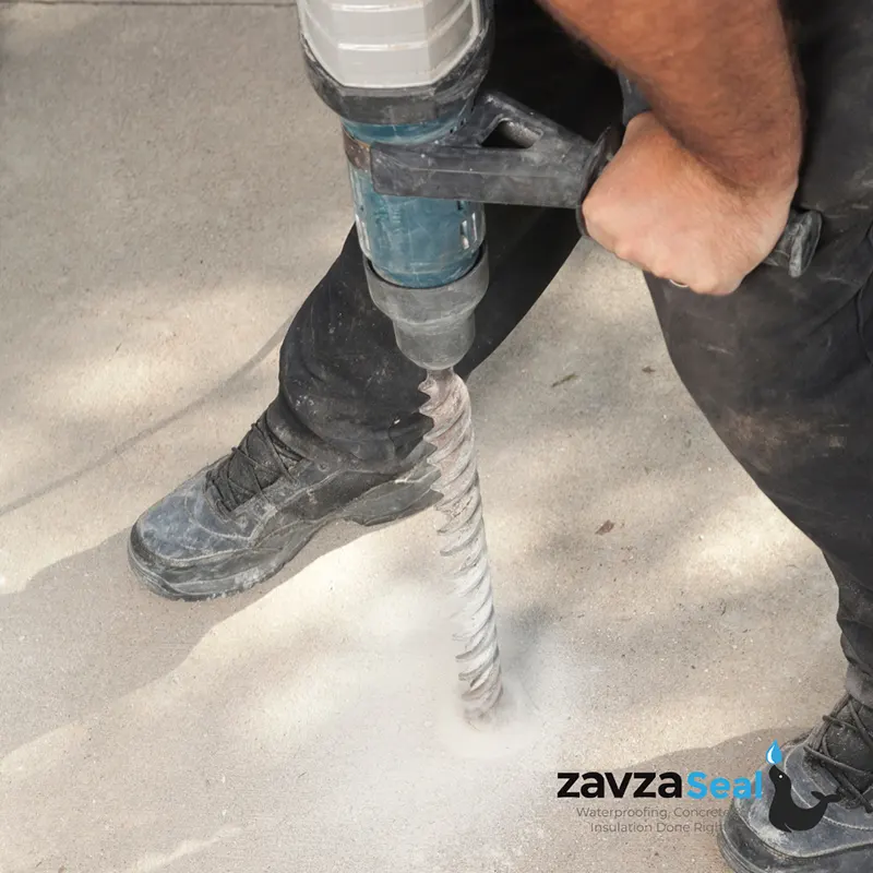 Contractor drilling concrete slab in Northport, NY. The hole will be used to inject slurry for mudjacking concrete raising.