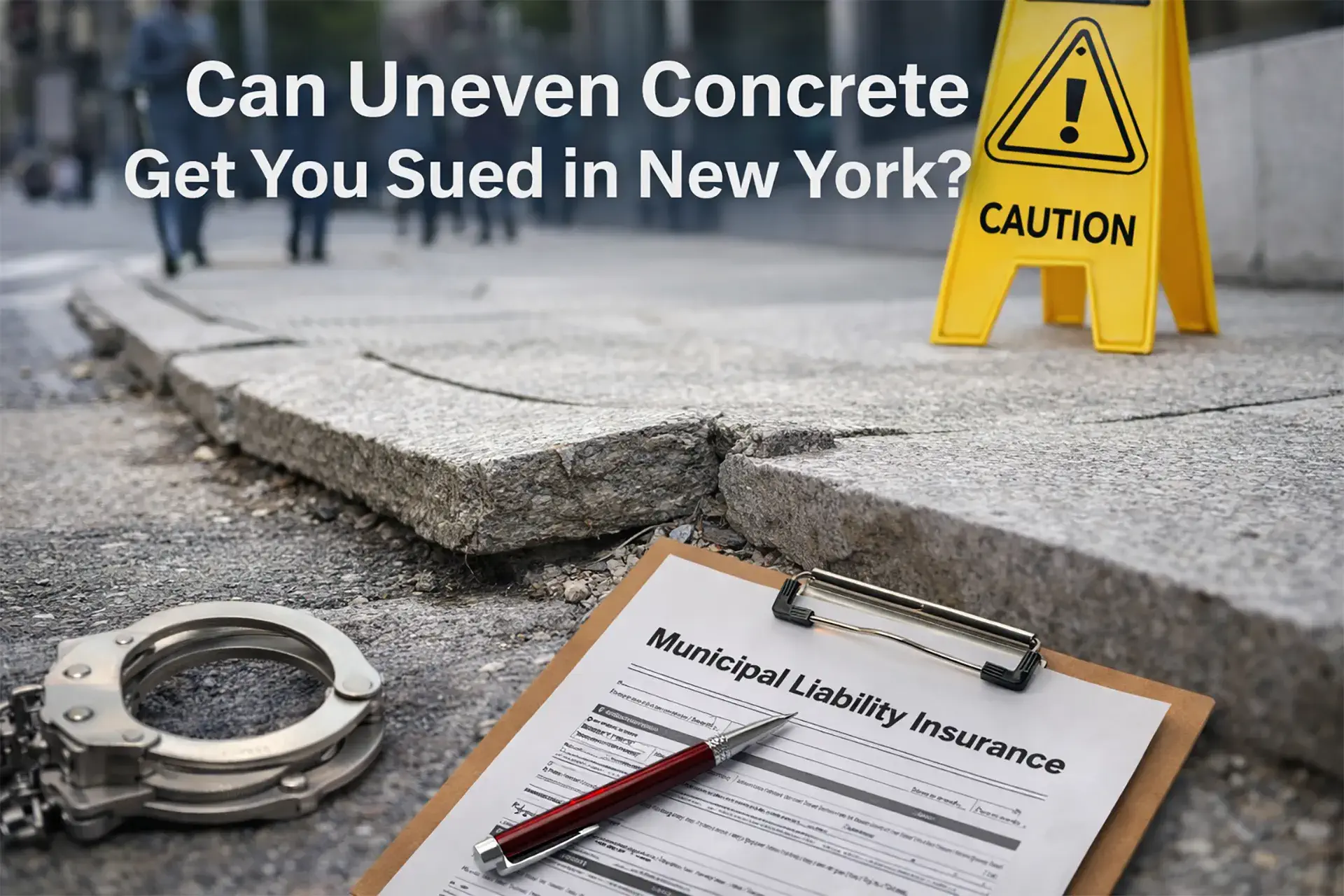 A clipboard with the municipal liability insurance along an uneven concrete in New York.