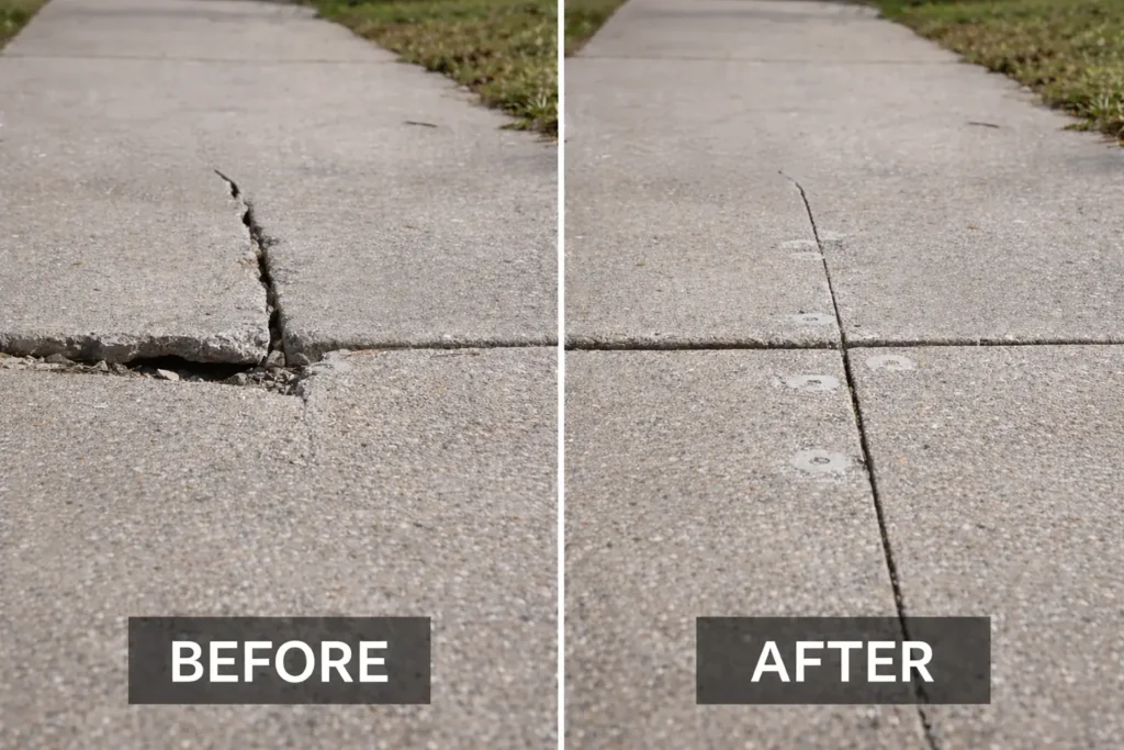 Before and after picture of concrete joint failure and then repair work in Long Island, NY, sidewalk.