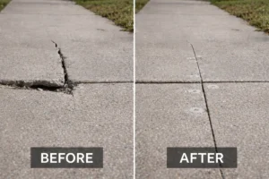 Before and after picture of concrete joint failure and then repair work in Long Island, NY, sidewalk.