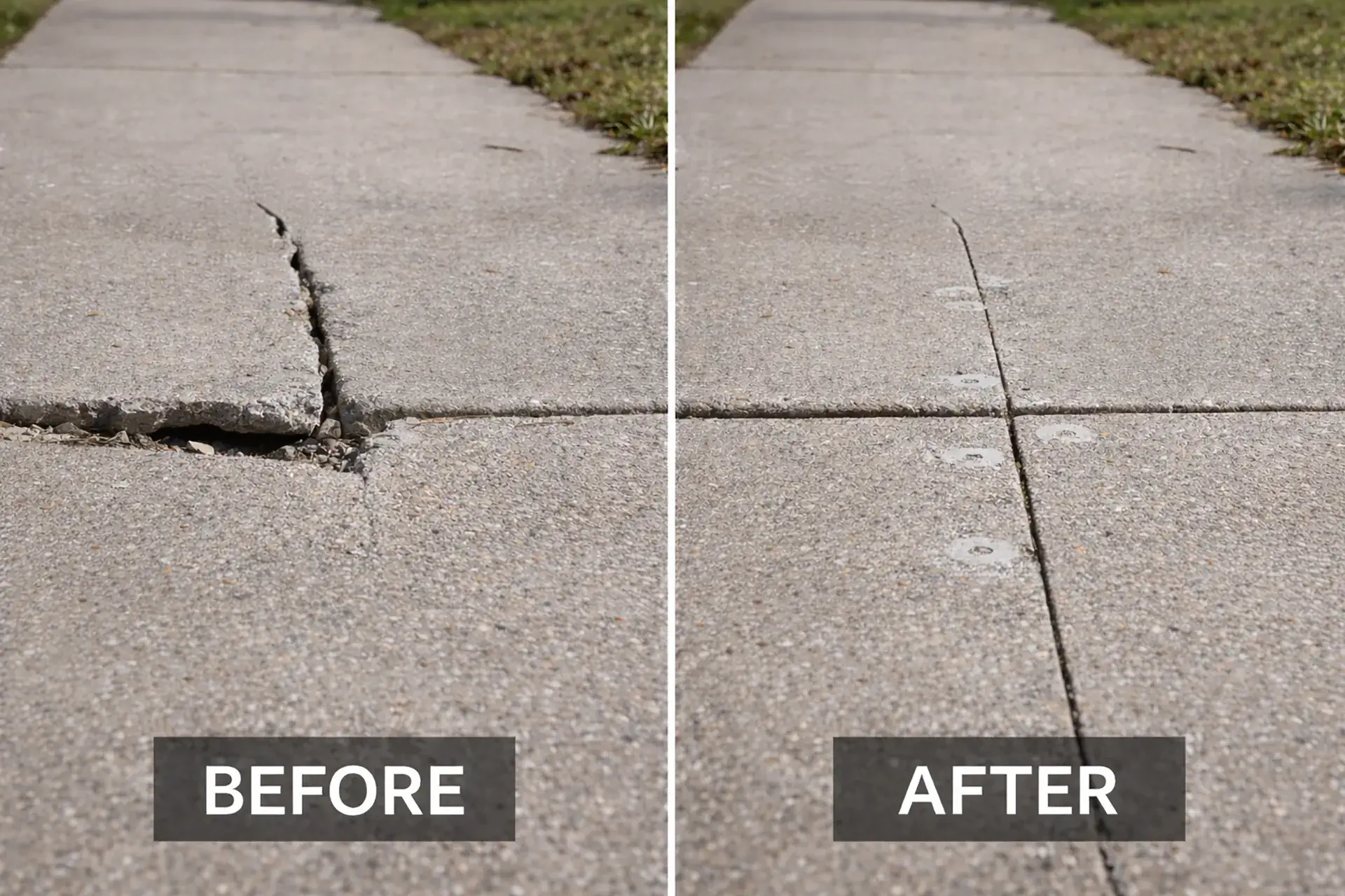 Before and after picture of concrete joint failure and then repair work in Long Island, NY, sidewalk.