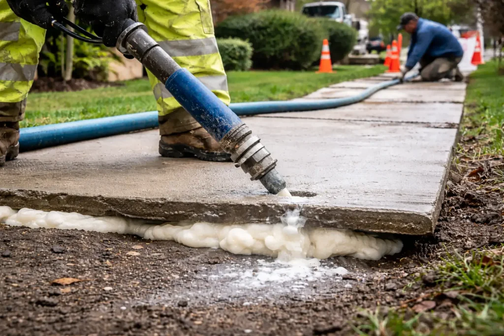 A mudjacking contractor pumping slurry under a concrete slab that has sunken.